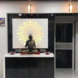 Black color buddha statue in living room interior design. Black and white theme house.